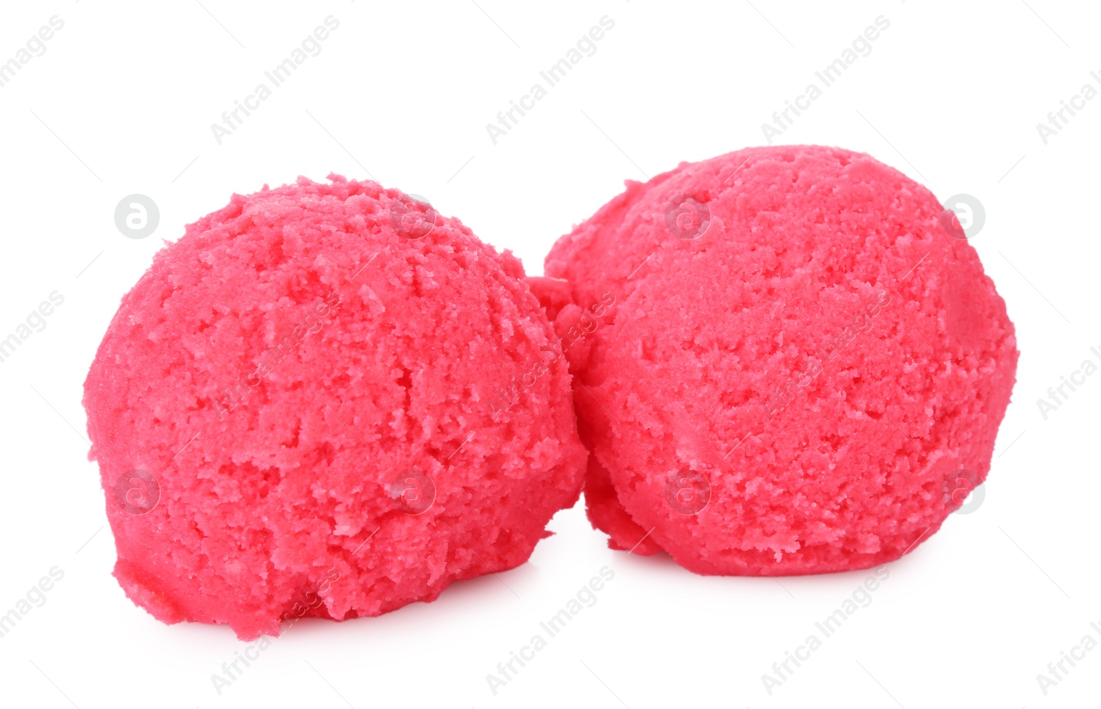 Photo of Scoops of tasty raspberry sorbet isolated on white