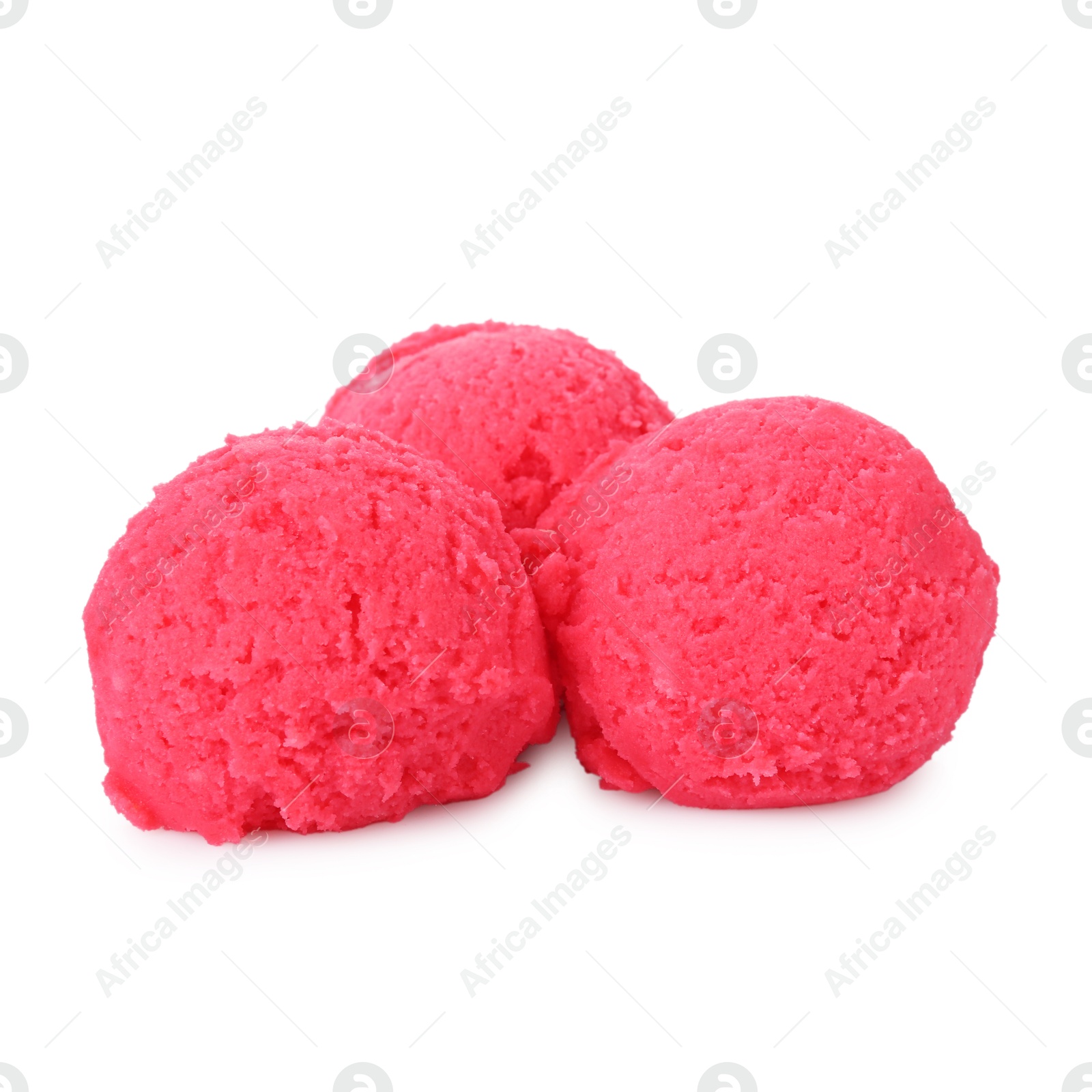 Scoops of tasty raspberry sorbet isolated on white Photo of Scoops of tasty raspberry sorbet isolated on white