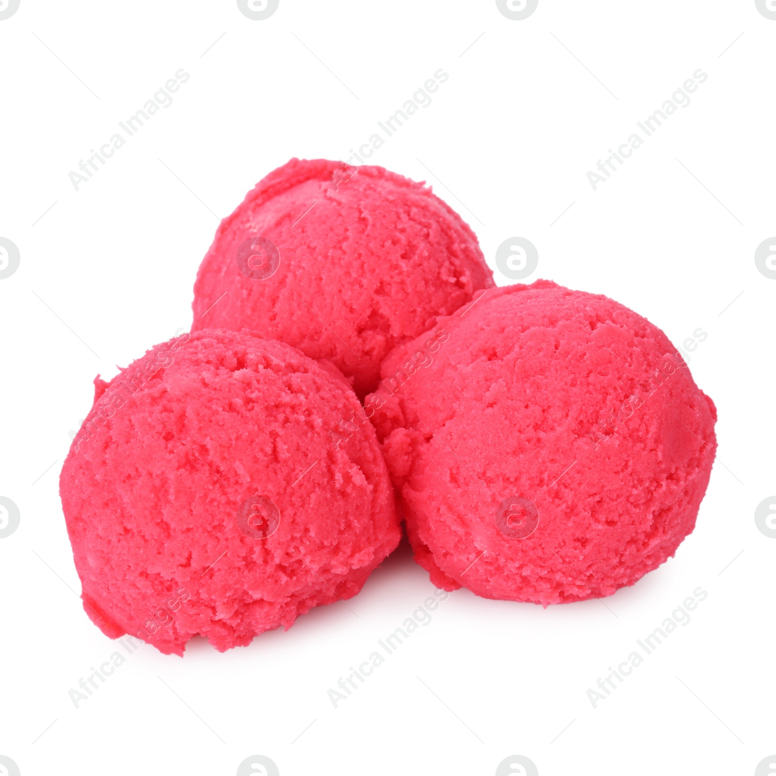 Scoops of tasty raspberry sorbet isolated on white Photo of Scoops of tasty raspberry sorbet isolated on white