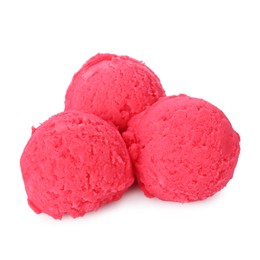 Photo of Scoops of tasty raspberry sorbet isolated on white
