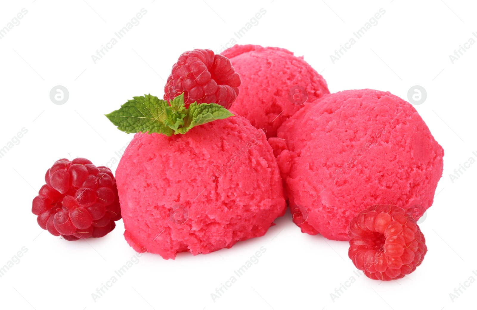 Photo of Scoops of tasty raspberry sorbet, fresh berries and mint isolated on white