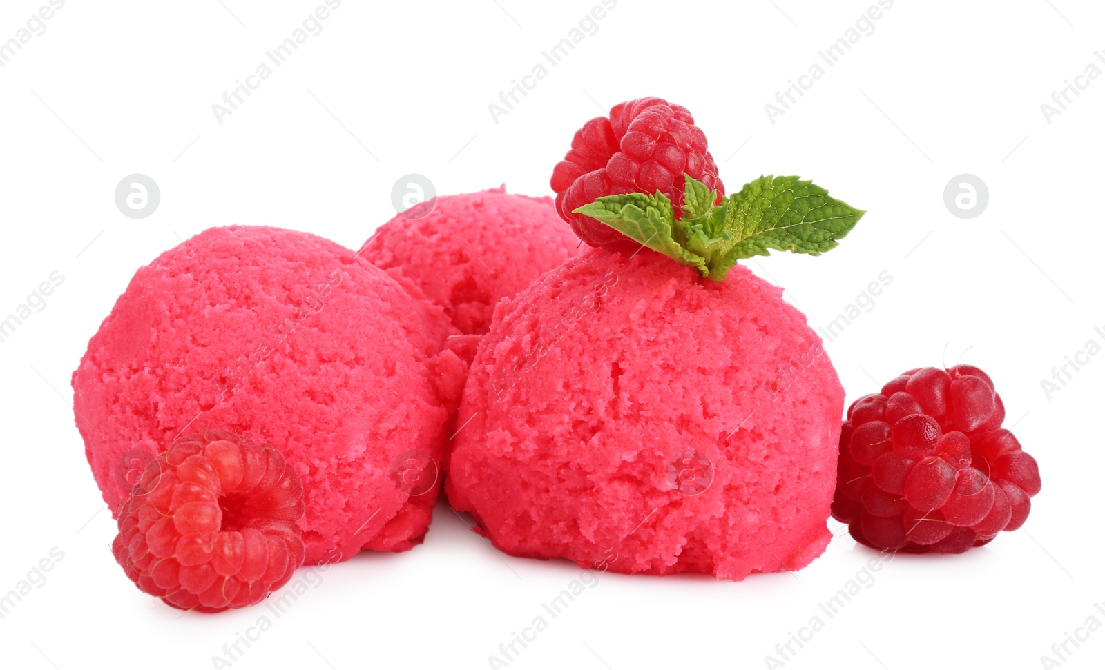 Photo of Scoops of tasty raspberry sorbet, fresh berries and mint isolated on white