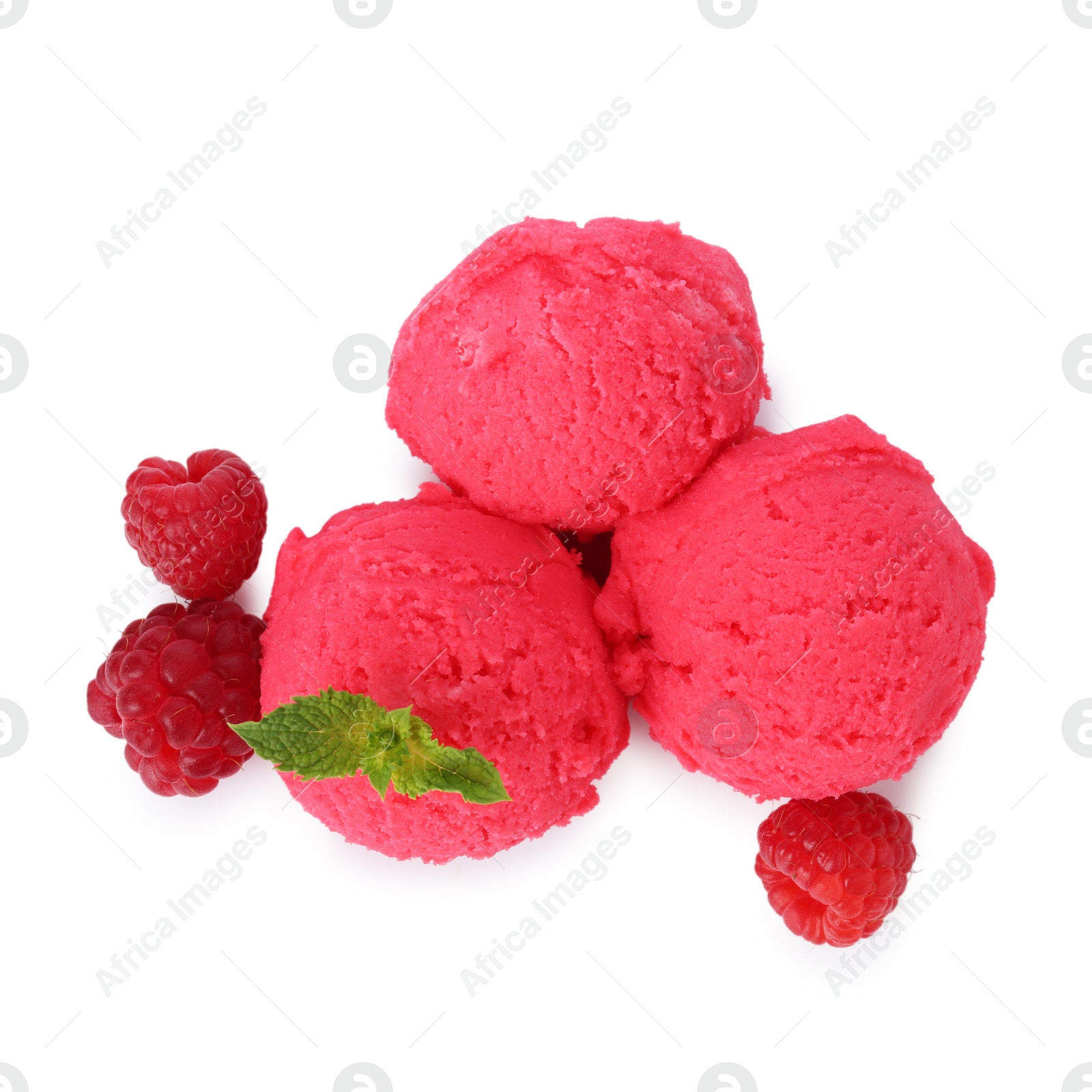 Photo of Scoops of tasty raspberry sorbet, fresh berries and mint isolated on white, top view