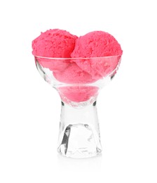 Photo of Delicious raspberry sorbet in glass dessert bowl isolated on white