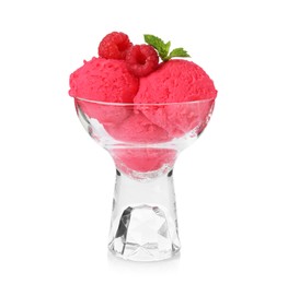Photo of Delicious raspberry sorbet, fresh berries and mint isolated on white