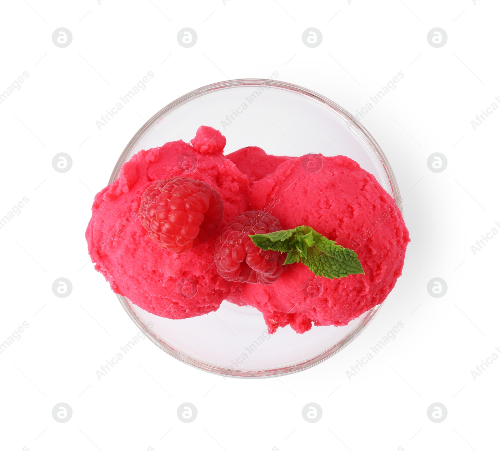 Delicious raspberry sorbet, fresh berries and mint isolated on white, top view Photo of Delicious raspberry sorbet, fresh berries and mint isolated on white, top view