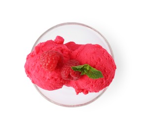 Photo of Delicious raspberry sorbet, fresh berries and mint isolated on white, top view