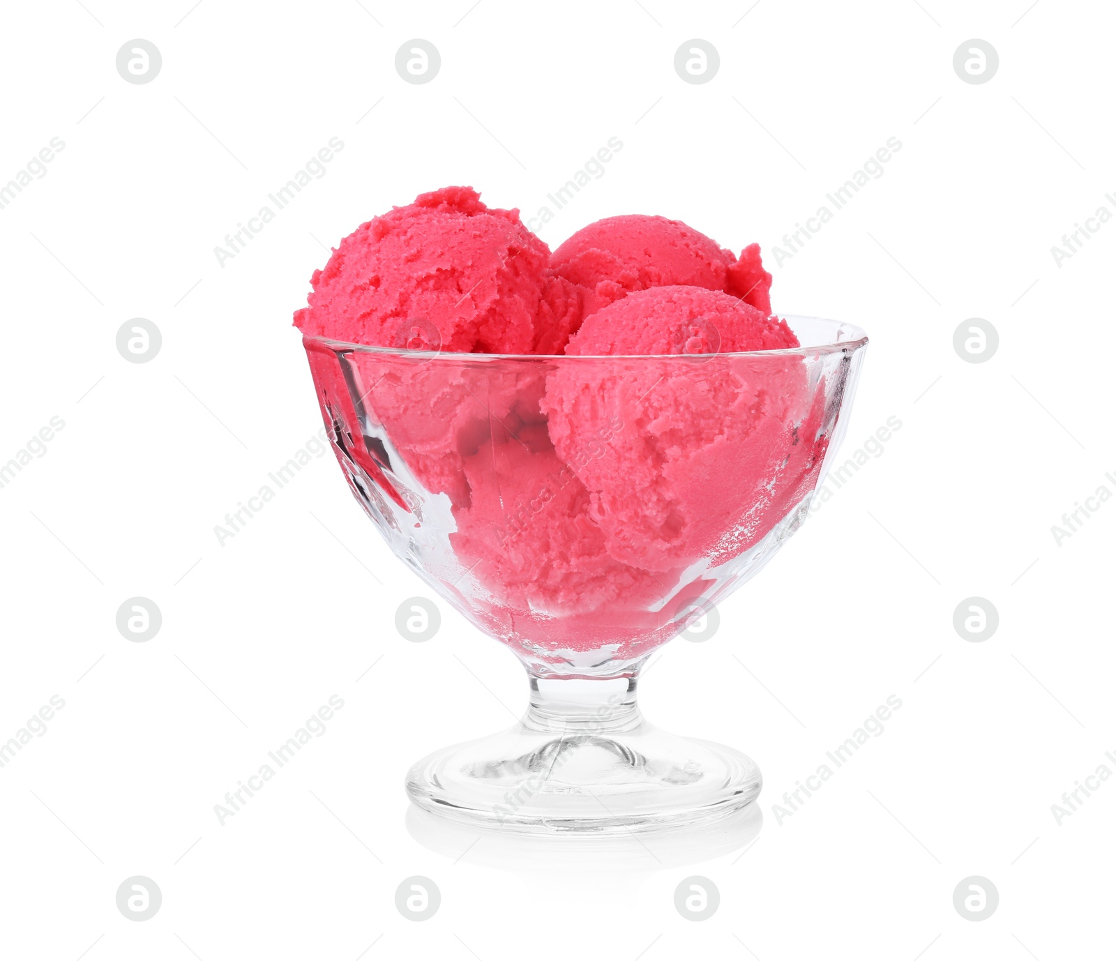 Delicious raspberry sorbet in glass dessert bowl isolated on white Photo of Delicious raspberry sorbet in glass dessert bowl isolated on white