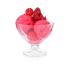 Photo of Delicious raspberry sorbet with fresh berries in glass dessert bowl isolated on white