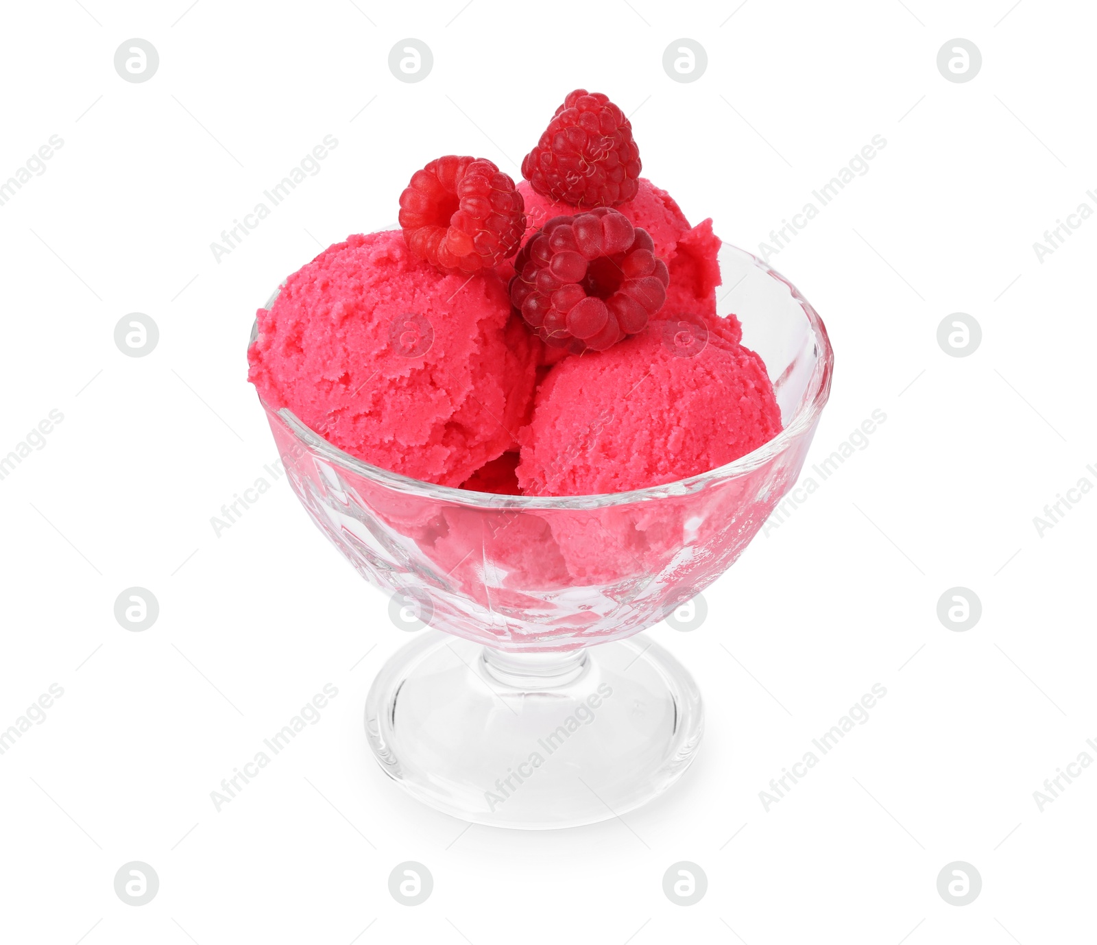 Photo of Delicious raspberry sorbet with fresh berries in glass dessert bowl isolated on white