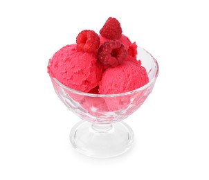 Photo of Delicious raspberry sorbet with fresh berries in glass dessert bowl isolated on white