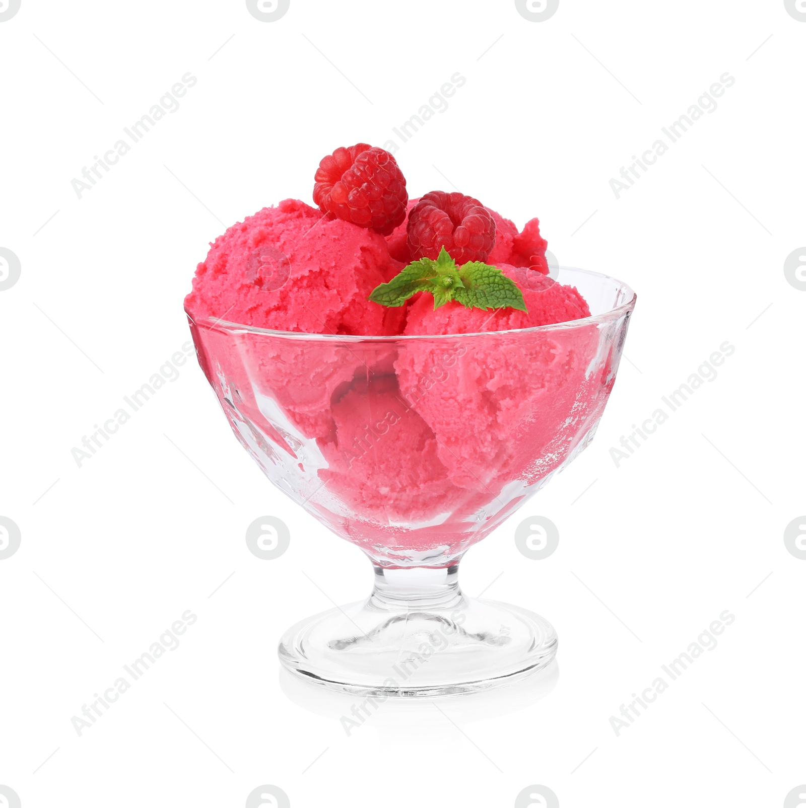 Photo of Delicious raspberry sorbet with fresh berries and mint in glass dessert bowl isolated on white