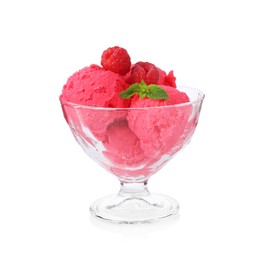 Photo of Delicious raspberry sorbet with fresh berries and mint in glass dessert bowl isolated on white