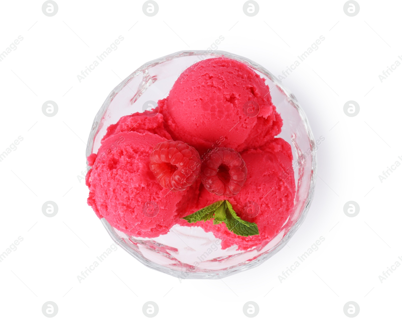 Photo of Delicious raspberry sorbet with fresh berries and mint isolated on white, top view