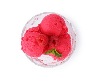 Photo of Delicious raspberry sorbet with fresh berries and mint isolated on white, top view