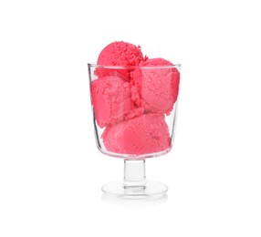 Photo of Delicious raspberry sorbet in glass dessert bowl isolated on white