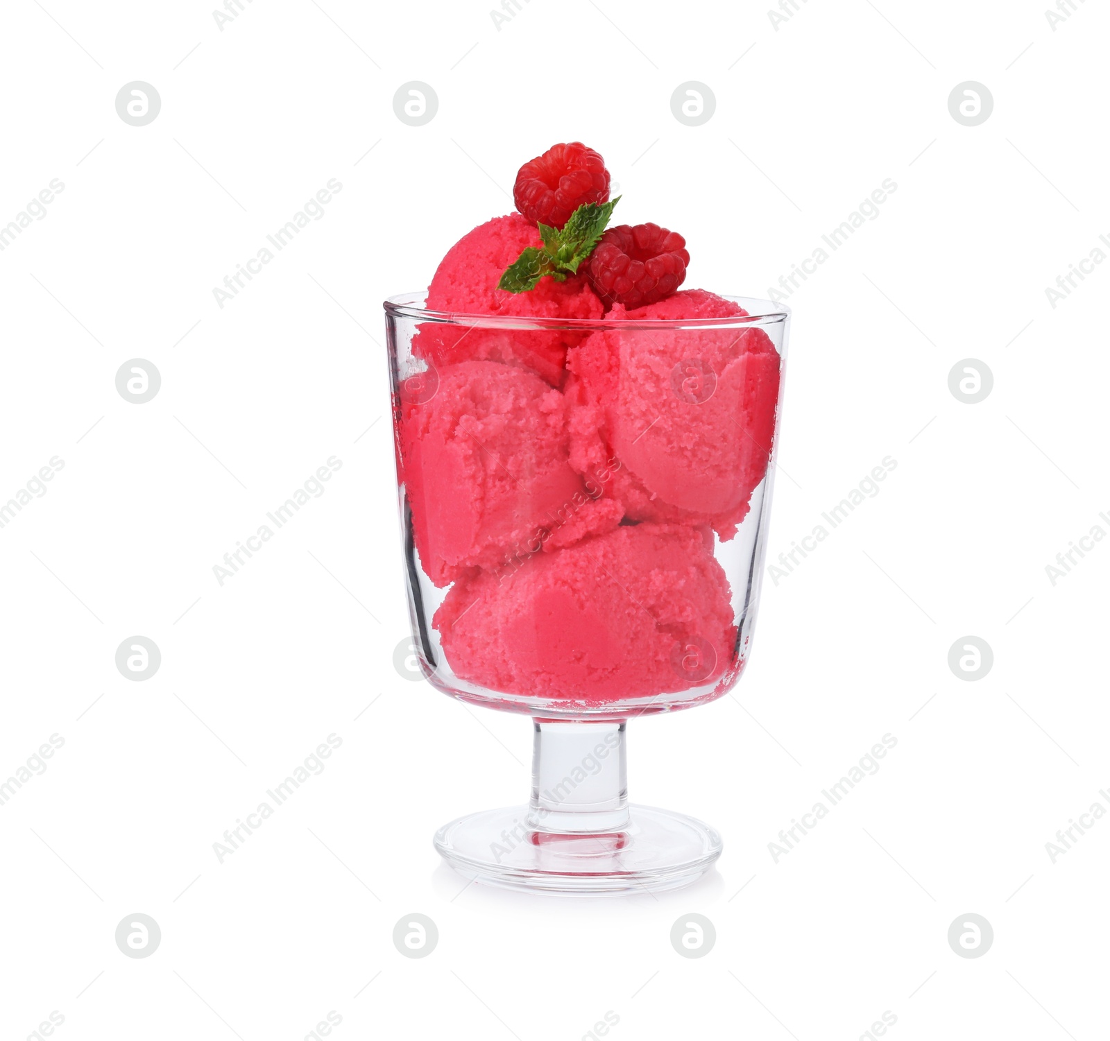Photo of Delicious raspberry sorbet with fresh berries and mint in glass dessert bowl isolated on white