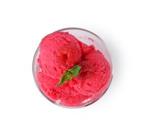 Photo of Delicious raspberry sorbet with fresh berries and mint isolated on white, top view