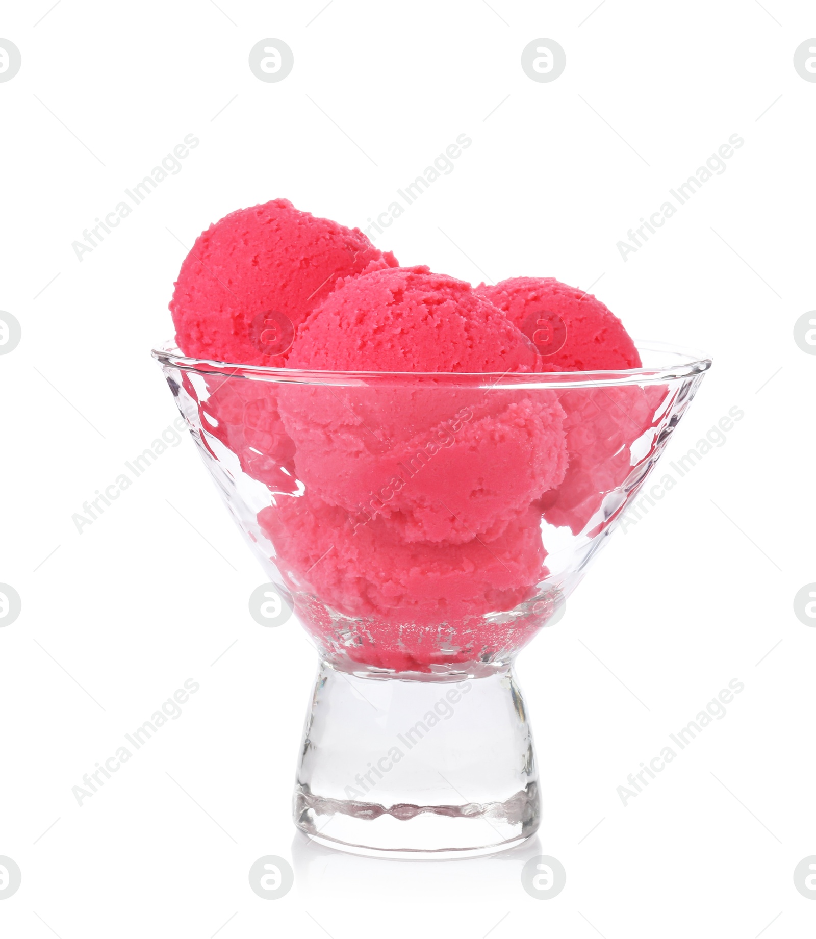 Delicious raspberry sorbet in glass dessert bowl isolated on white Photo of Delicious raspberry sorbet in glass dessert bowl isolated on white
