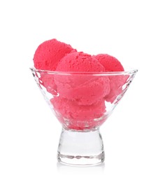 Photo of Delicious raspberry sorbet in glass dessert bowl isolated on white