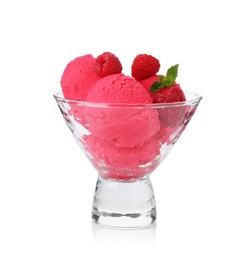 Photo of Delicious raspberry sorbet with fresh berries and mint in glass dessert bowl isolated on white