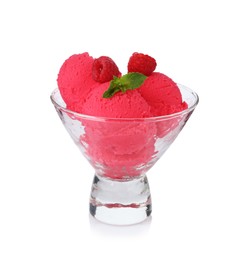 Photo of Delicious raspberry sorbet with fresh berries and mint in glass dessert bowl isolated on white