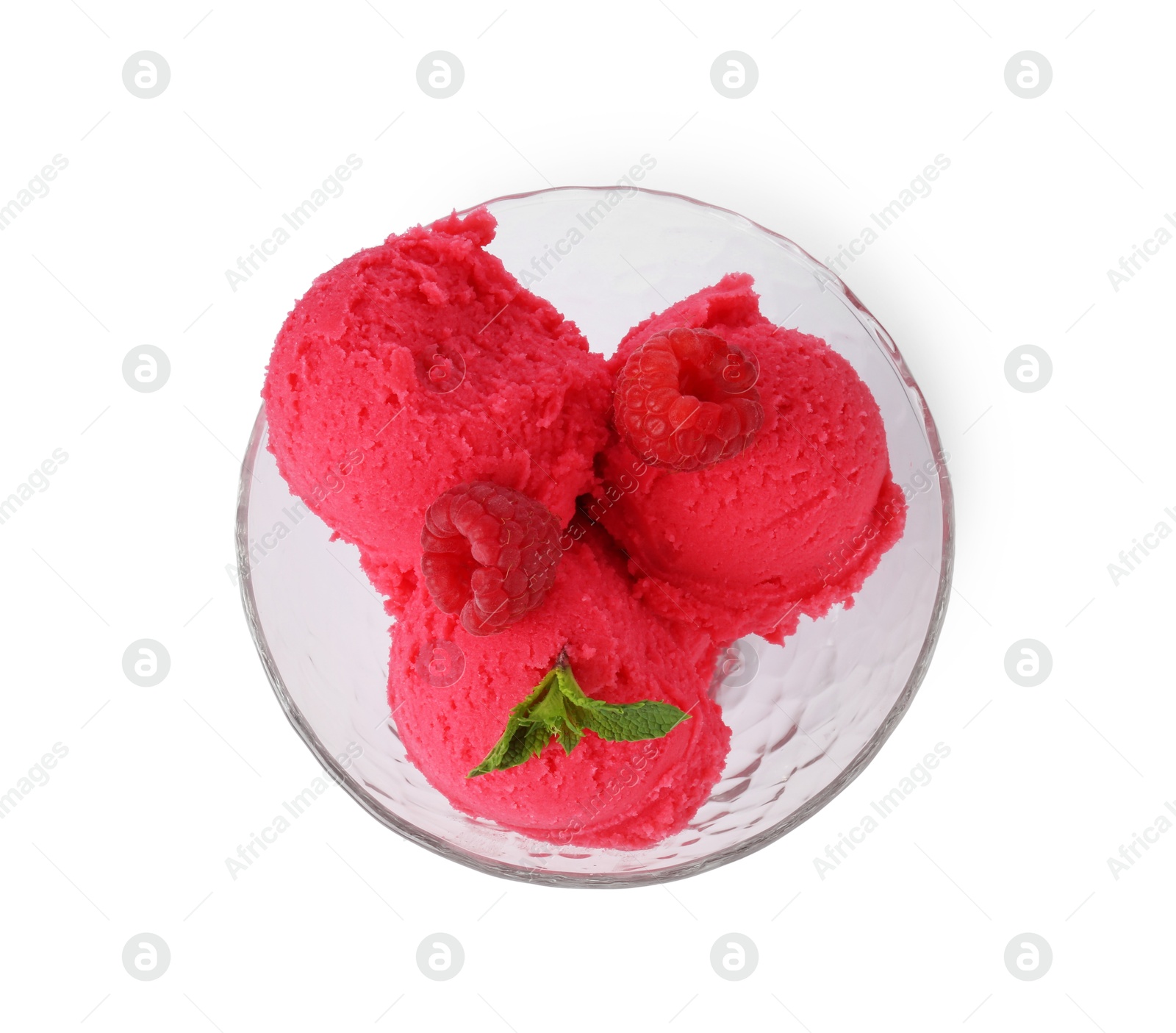 Photo of Delicious raspberry sorbet with fresh berries and mint isolated on white, top view