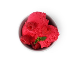Photo of Delicious raspberry sorbet with fresh berries and mint in bowl isolated on white, top view