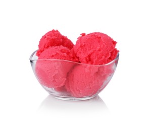 Photo of Delicious raspberry sorbet in bowl isolated on white