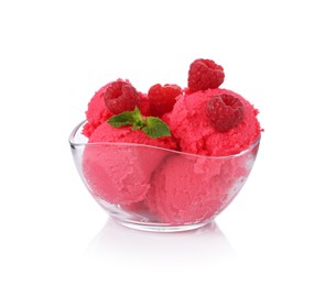 Photo of Delicious raspberry sorbet with fresh berries and mint in bowl isolated on white