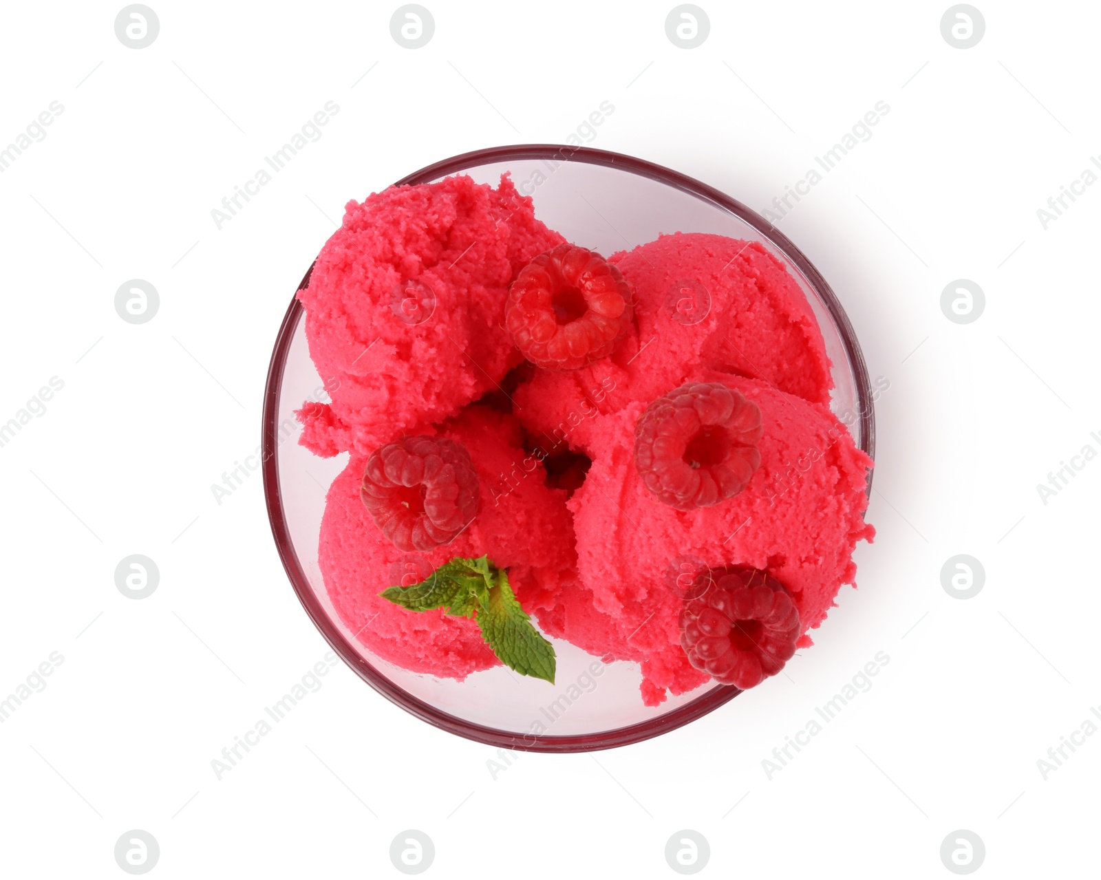 Photo of Delicious raspberry sorbet with fresh berries and mint in bowl isolated on white, top view