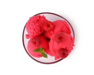 Photo of Delicious raspberry sorbet with fresh berries and mint in bowl isolated on white, top view