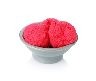 Photo of Delicious raspberry sorbet in bowl isolated on white