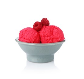 Photo of Delicious raspberry sorbet with fresh berries in bowl isolated on white