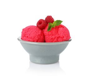 Photo of Delicious raspberry sorbet with fresh berries and mint in bowl isolated on white