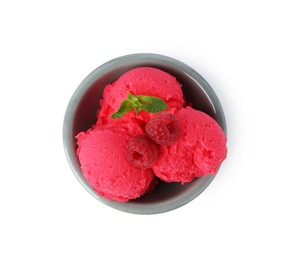 Photo of Delicious raspberry sorbet with fresh berries and mint in bowl isolated on white, top view