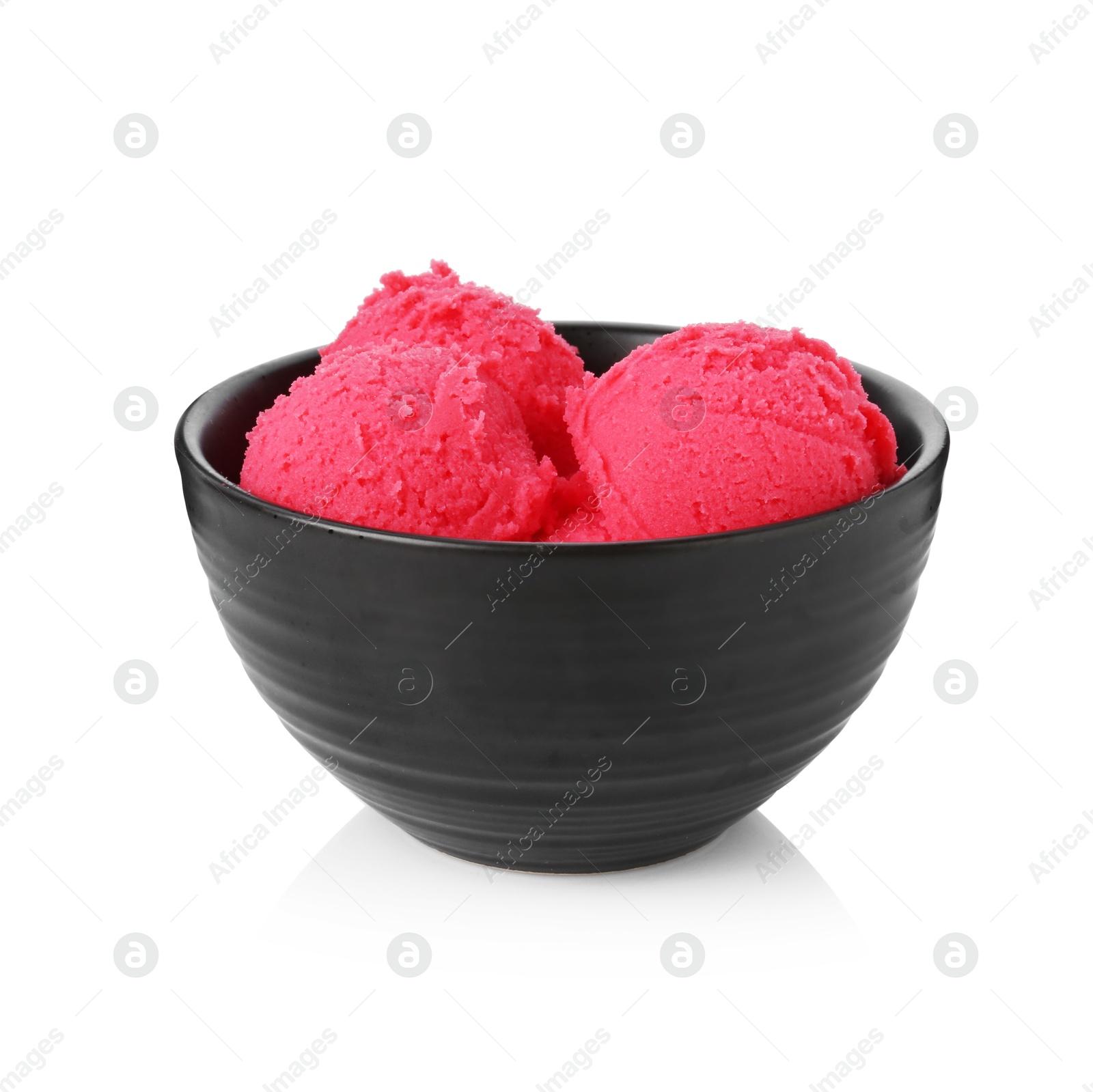Photo of Delicious raspberry sorbet in bowl isolated on white
