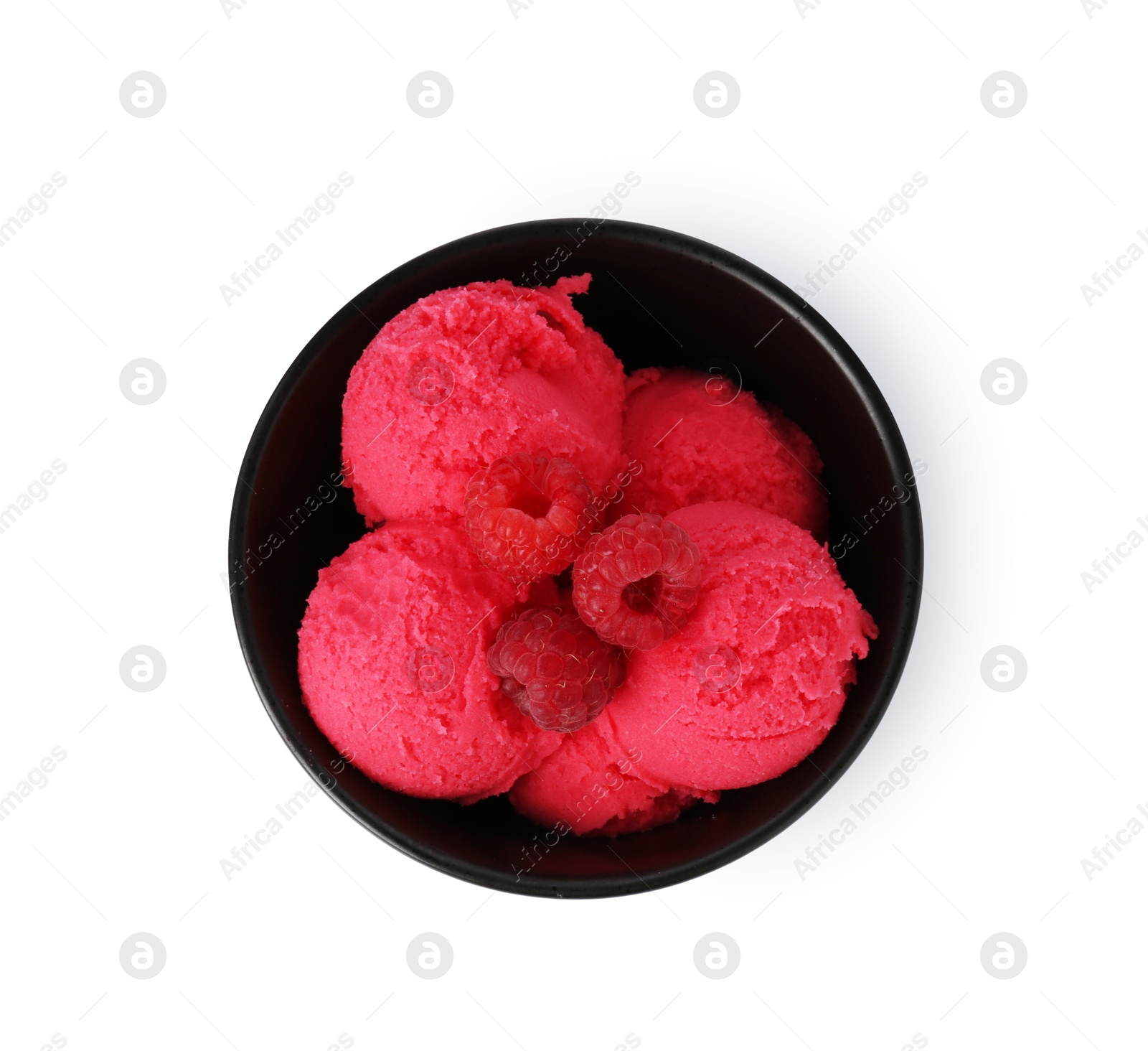 Photo of Delicious raspberry sorbet with fresh berries in bowl isolated on white, top view