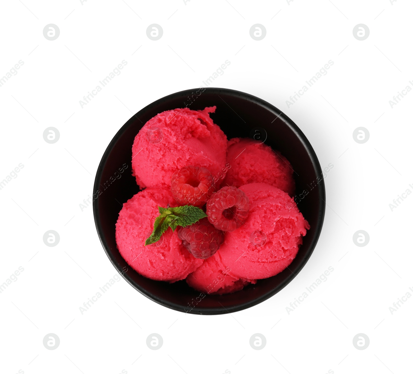 Photo of Delicious raspberry sorbet with fresh berries and mint in bowl isolated on white, top view