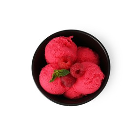 Photo of Delicious raspberry sorbet with fresh berries and mint in bowl isolated on white, top view