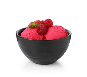 Photo of Delicious raspberry sorbet with fresh berries and mint in bowl isolated on white
