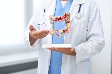 Photo of Gastroenterologist showing model of large intestine in clinic, closeup