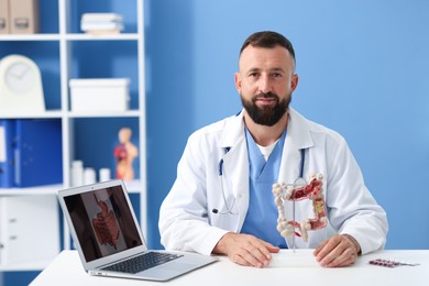 Photo of Gastroenterologist with model of large intestine at white table in clinic