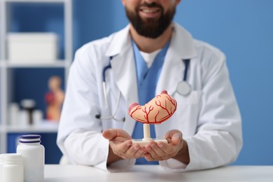 Photo of Gastroenterologist with model of stomach at white table in clinic, closeup