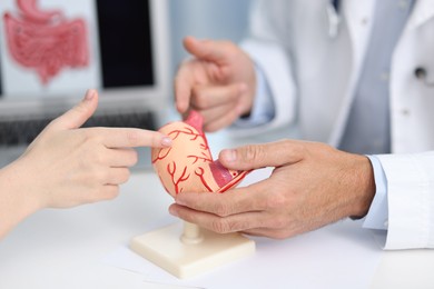 Photo of Gastroenterologist with model of stomach consulting woman in clinic, closeup