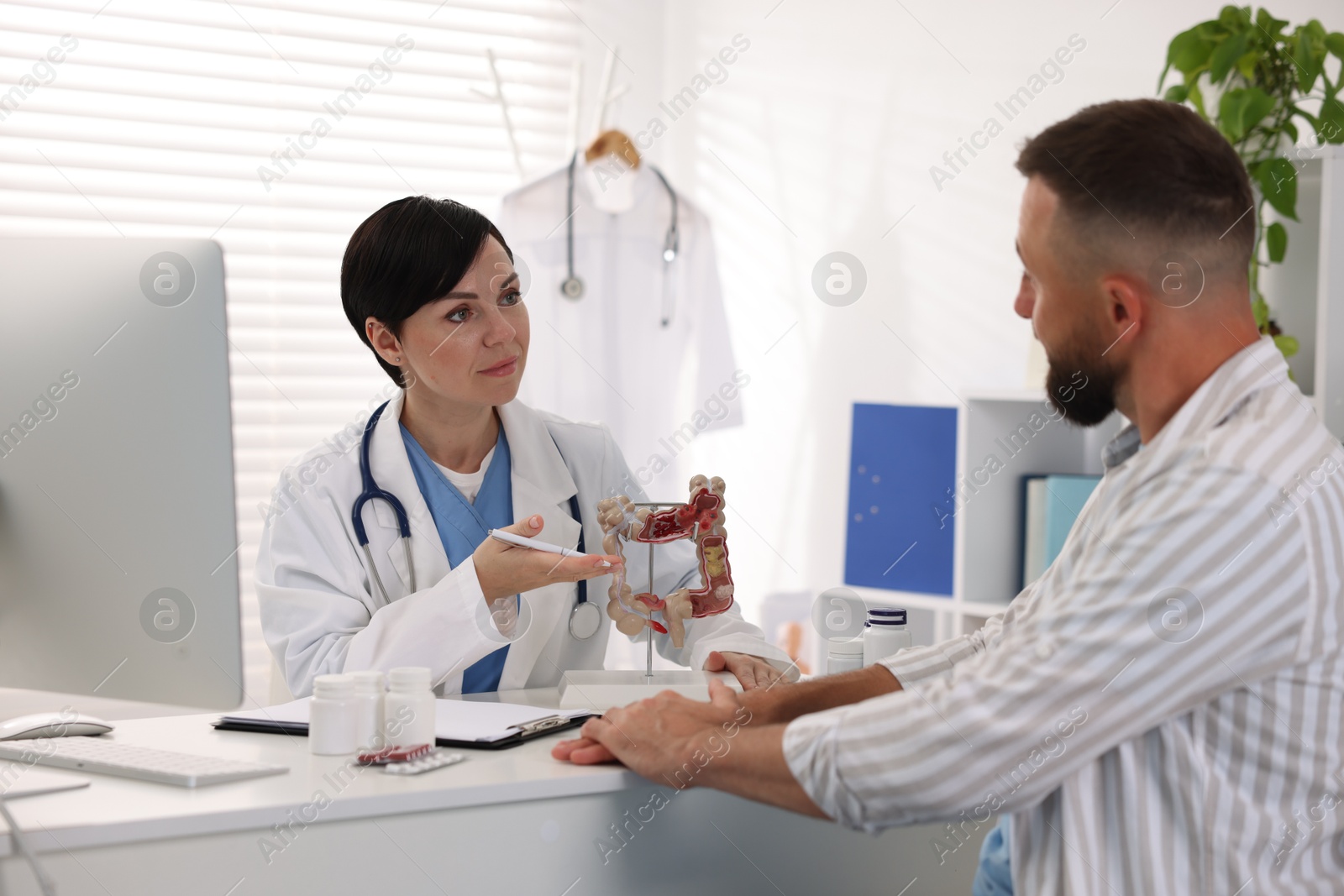 Photo of Gastroenterologist with model of large intestine consulting man in clinic