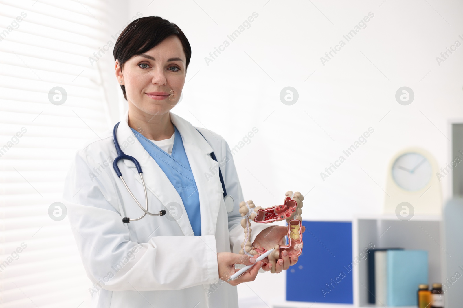 Photo of Gastroenterologist showing model of large intestine in clinic. Space for text