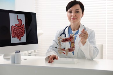 Photo of Gastroenterologist showing model of large intestine at white table in clinic