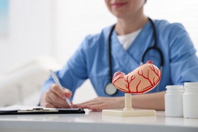 Photo of Gastroenterologist working at table in clinic, focus on human stomach model