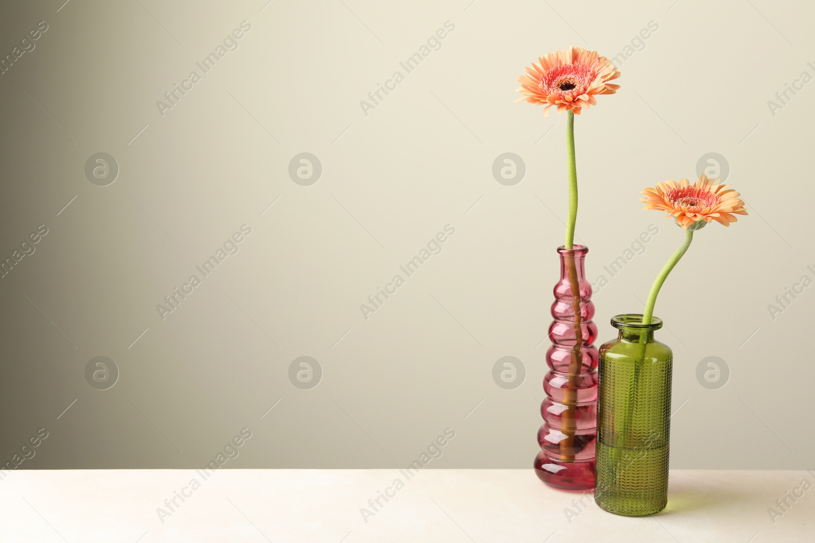 Photo of Beautiful gerbera flowers in glass vases on white table against light grey background, space for text